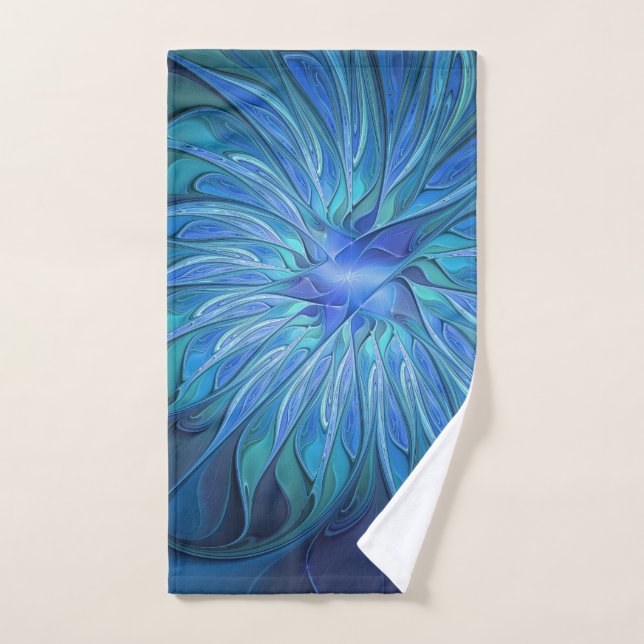 Blue Flower Fantasy Pattern, Abstract Fractal Art Hand Towel (Hand Towel)