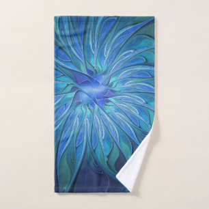Blue Flower Fantasy Pattern, Abstract Fractal Art Hand Towel