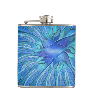 Blue Flower Fantasy Pattern, Abstract Fractal Art Hip Flask