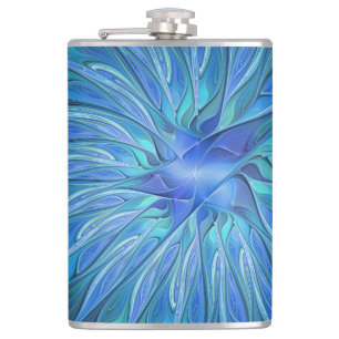 Blue Flower Fantasy Pattern, Abstract Fractal Art Hip Flask