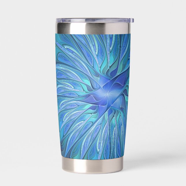 Blue Flower Fantasy Pattern, Abstract Fractal Art Insulated Tumbler (Left)