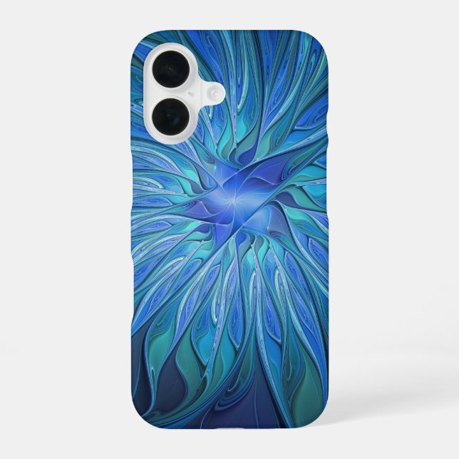 Blue Flower Fantasy Pattern, Abstract Fractal Art iPhone 16 Case (Back)