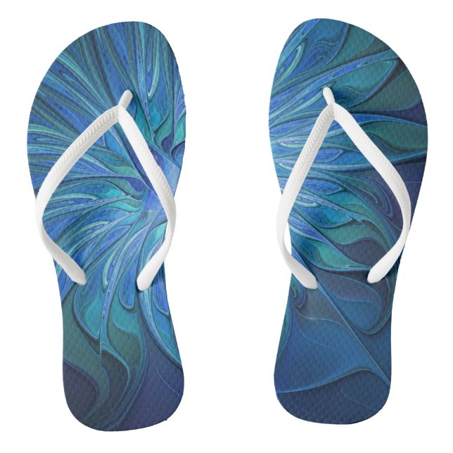 Blue Flower Fantasy Pattern, Abstract Fractal Art Jandals (Footbed)