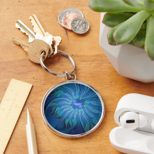 Blue Flower Fantasy Pattern, Abstract Fractal Art Key Ring (Desk)