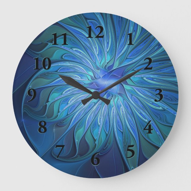 Blue Flower Fantasy Pattern, Abstract Fractal Art Large Clock (Front)