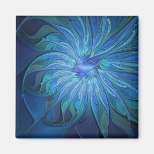Blue Flower Fantasy Pattern, Abstract Fractal Art Magnet