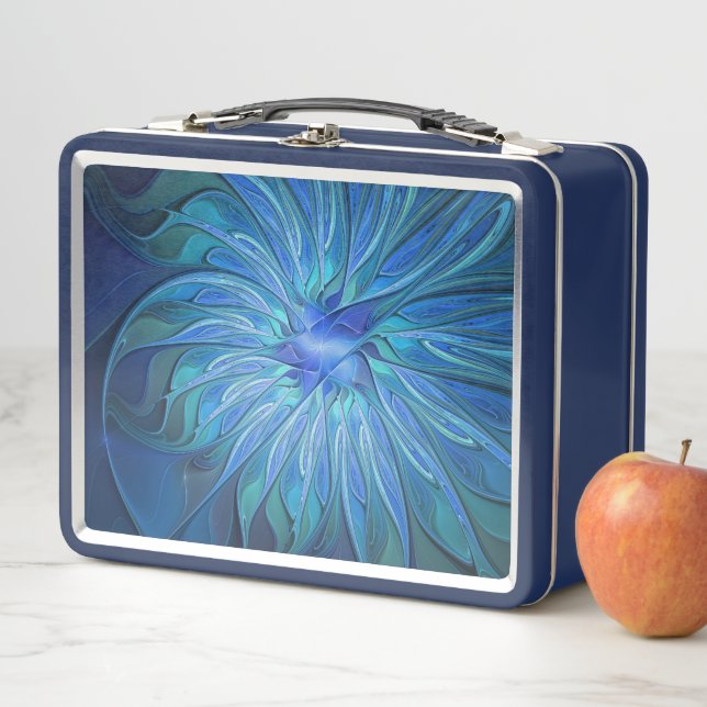 Blue Flower Fantasy Pattern, Abstract Fractal Art Metal Lunch Box (In Situ)
