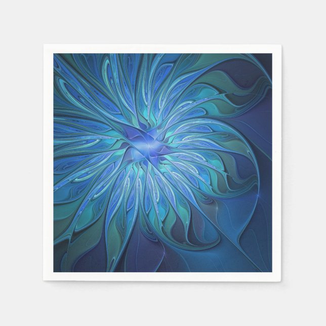 Blue Flower Fantasy Pattern, Abstract Fractal Art Napkin (Front)