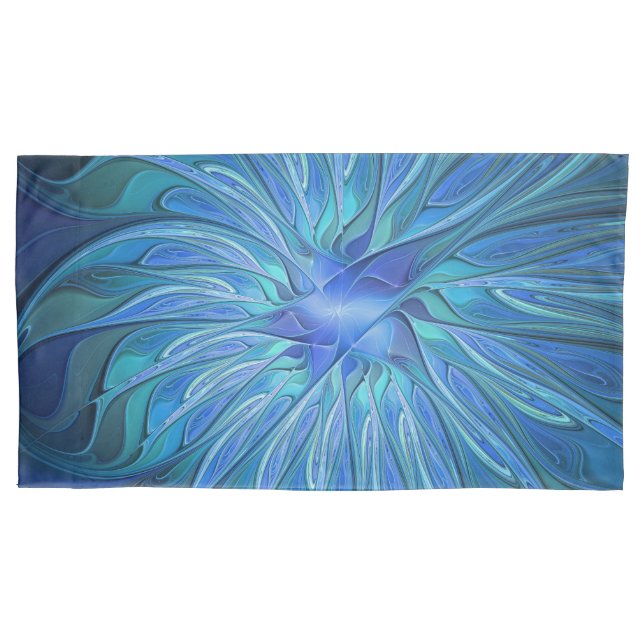 Blue Flower Fantasy Pattern, Abstract Fractal Art Pillowcase (Front)
