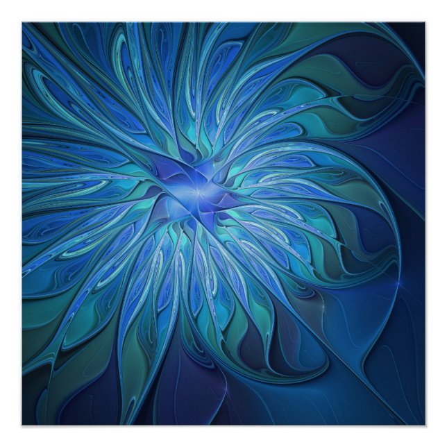 Blue Flower Fantasy Pattern, Abstract Fractal Art Poster (Front)