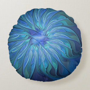 Blue Flower Fantasy Pattern, Abstract Fractal Art Round Cushion