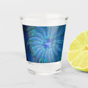 Blue Flower Fantasy Pattern, Abstract Fractal Art Shot Glass