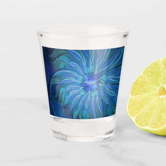 Blue Flower Fantasy Pattern, Abstract Fractal Art Shot Glass (Front)
