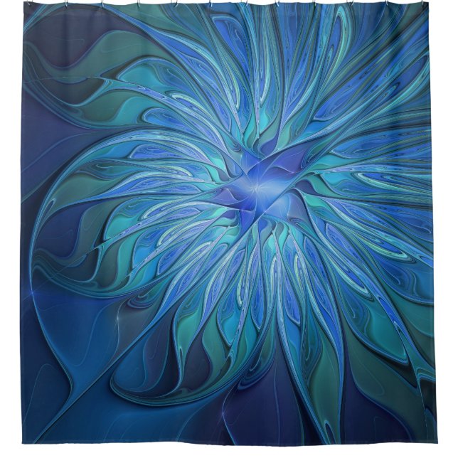 Blue Flower Fantasy Pattern, Abstract Fractal Art Shower Curtain (Front)