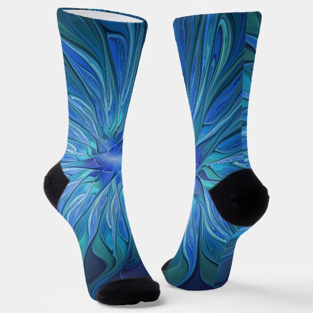 Blue Flower Fantasy Pattern, Abstract Fractal Art Socks (Angled)