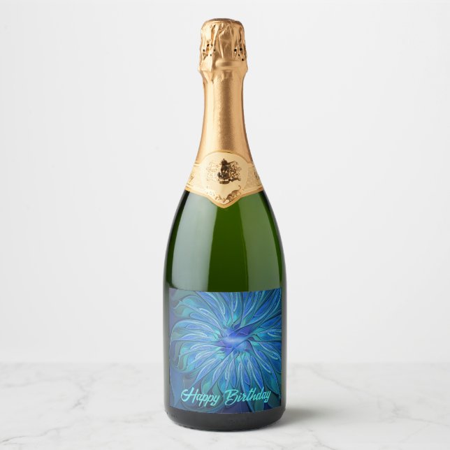 Blue Flower Fantasy Pattern, Abstract Fractal Art Sparkling Wine Label (Front)