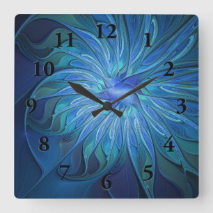 Blue Flower Fantasy Pattern, Abstract Fractal Art Square Wall Clock