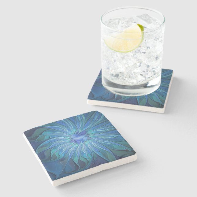 Blue Flower Fantasy Pattern, Abstract Fractal Art Stone Coaster (Side)