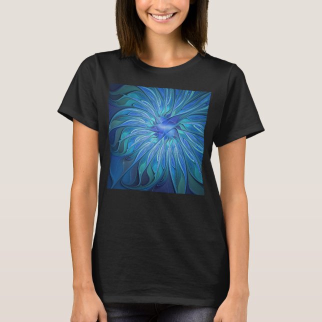 Blue Flower Fantasy Pattern, Abstract Fractal Art T-Shirt (Front)