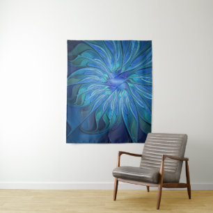 Blue Flower Fantasy Pattern, Abstract Fractal Art Tapestry