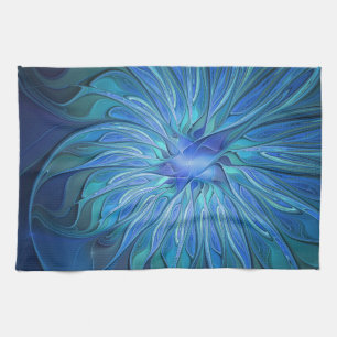 Blue Flower Fantasy Pattern, Abstract Fractal Art Tea Towel