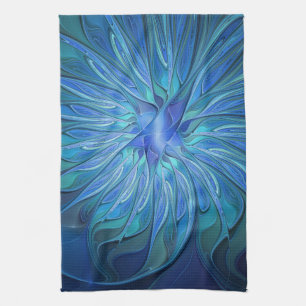 Blue Flower Fantasy Pattern, Abstract Fractal Art Tea Towel