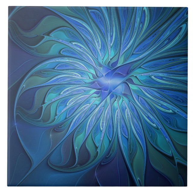 Blue Flower Fantasy Pattern, Abstract Fractal Art Tile (Front)