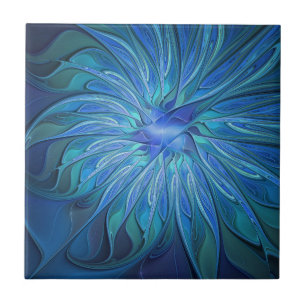 Blue Flower Fantasy Pattern, Abstract Fractal Art Tile