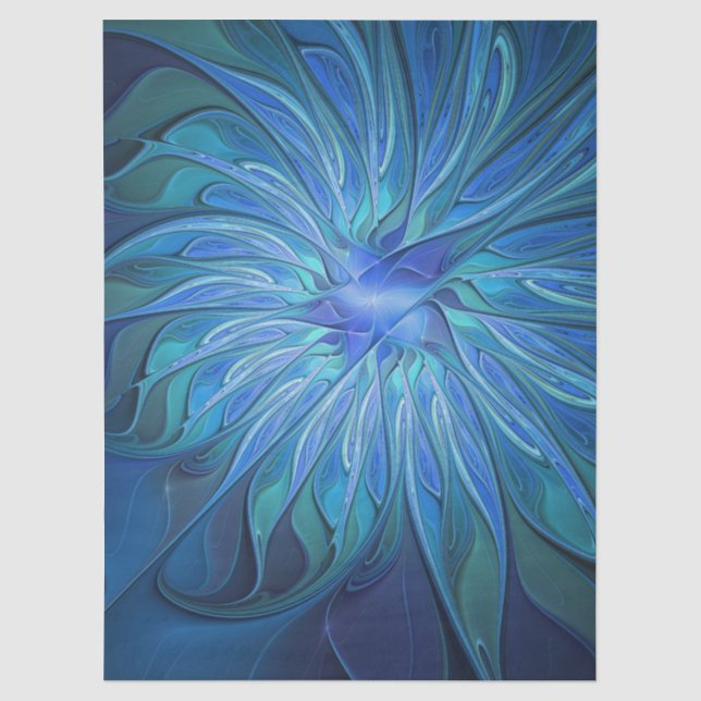 Blue Flower Fantasy Pattern, Abstract Fractal Art Tissue Paper (Front)