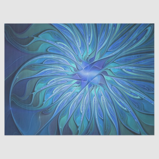 Blue Flower Fantasy Pattern, Abstract Fractal Art Tissue Paper (Front)