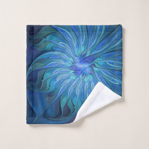 Blue Flower Fantasy Pattern, Abstract Fractal Art Wash Cloth