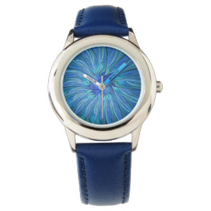 Blue Flower Fantasy Pattern, Abstract Fractal Art Watch
