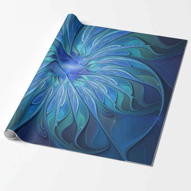 Blue Flower Fantasy Pattern, Abstract Fractal Art Wrapping Paper (Unrolled)