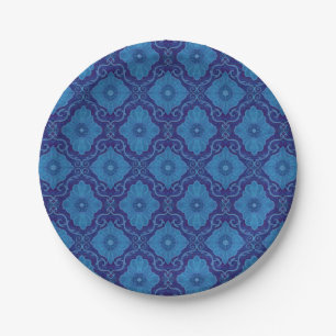 Blue Flower Floral Damask Vintage Bohemian Pattern Paper Plate