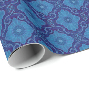 Blue Flower Floral Damask Vintage Bohemian Pattern Wrapping Paper