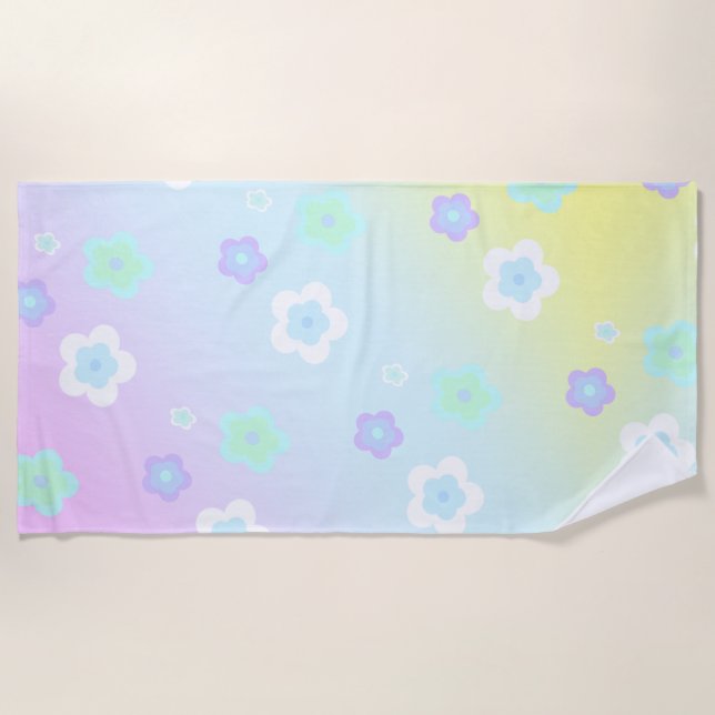 Blue Flower floral Gradient colourful Pattern Beach Towel (Front)