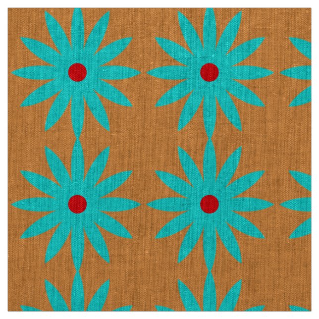 Blue Flower Floral Pattern Light Orange Background Fabric (Swatch)