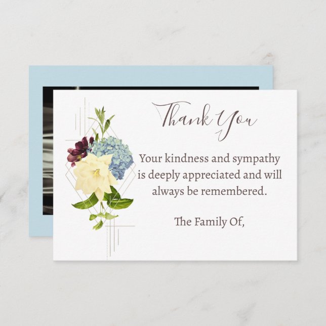Blue Flower Funeral Photo Thank You Card   (Front/Back)