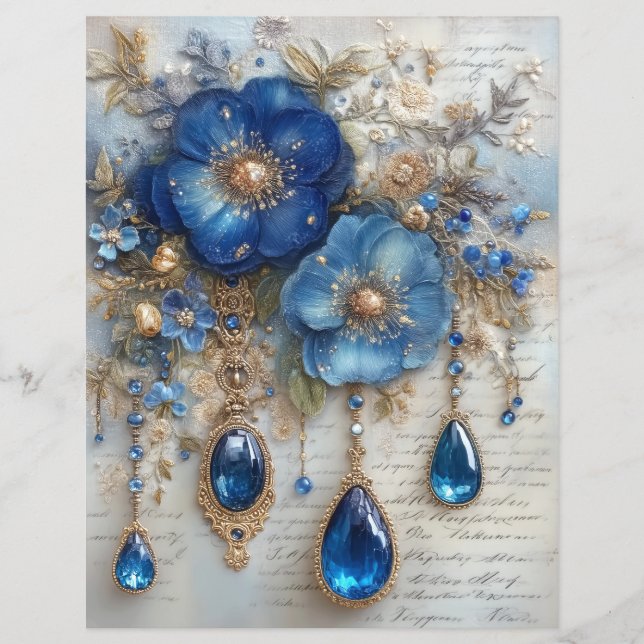Blue Flower Gems Junk Journal Scrapbook Paper (Front)