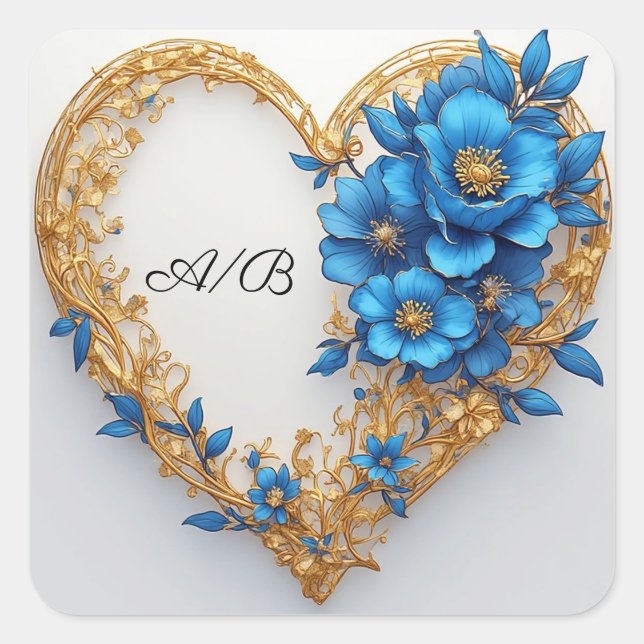 💍 Blue Flower Heart Wreath For Couples & Weddings Square Sticker (Front)