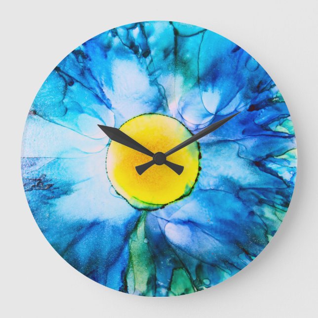 Blue Flower in Alcohol Inks Large Clock (Front)