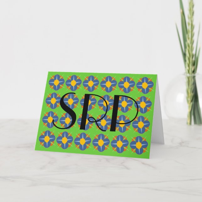 Blue Flower Medallions Monogram Note Card (Front)