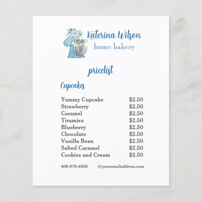 Blue Flower Mixer Bakery Business Menu (Front)