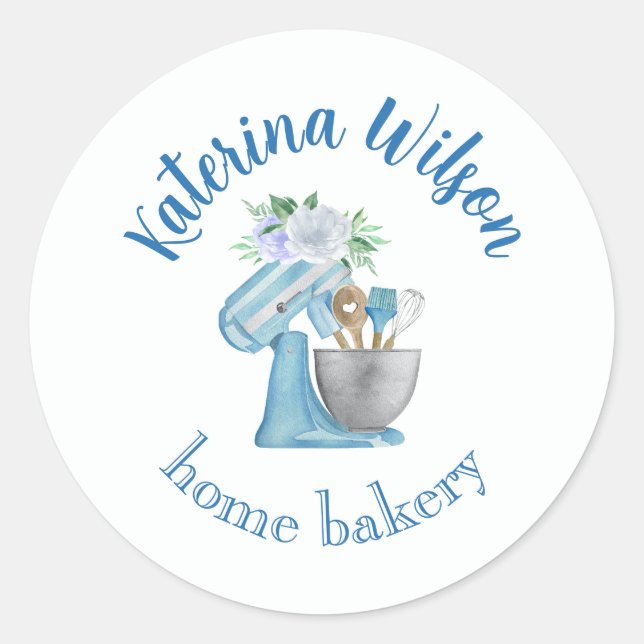  Blue Flower Mixer Small Bakery Logo Brand Classic Round Sticker (Front)