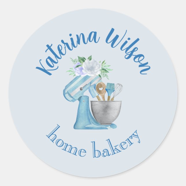  Blue Flower Mixer Small Bakery Logo Brand Classic Round Sticker (Front)