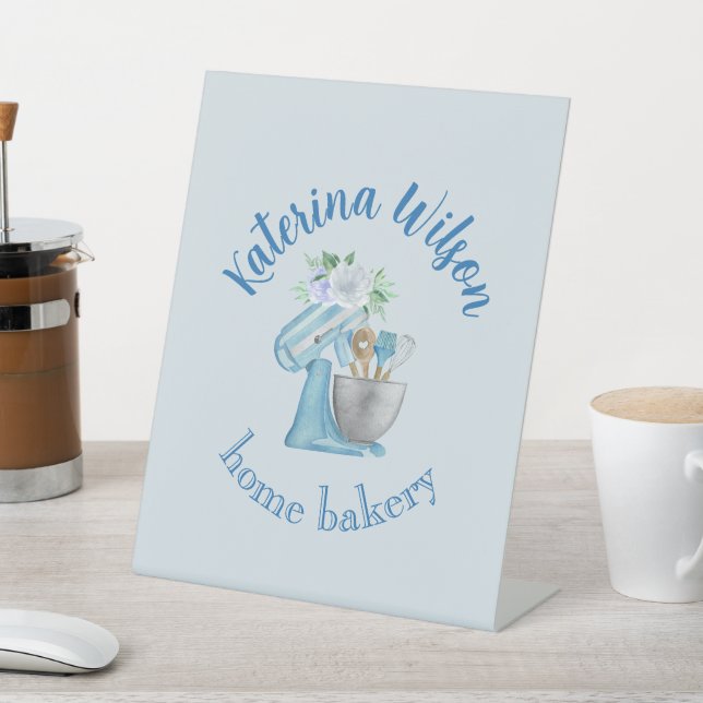  Blue Flower Mixer Small Bakery Logo Brand Pedestal Sign (In SItu)