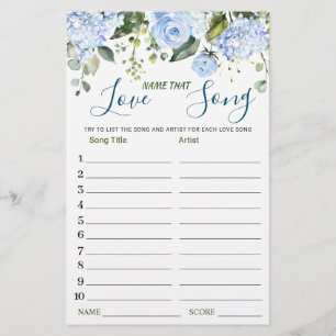 Blue Flower Name that Love Song Bridal Shower Game