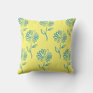 Blue Flower Outline In A Yellow Background Cushion