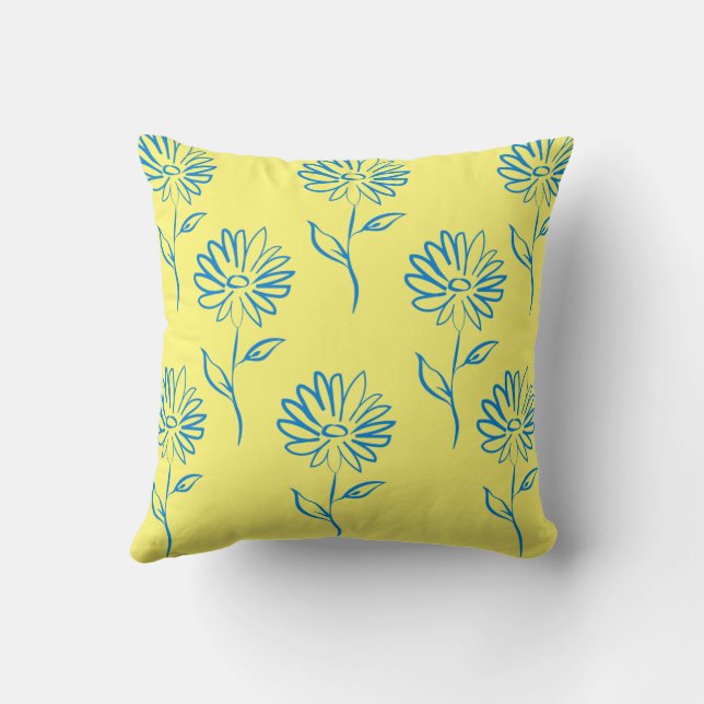 Blue Flower Outline In A Yellow Background Cushion (Back)