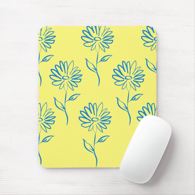 Blue Flower Outline In A Yellow Background Mouse Pad (With Mouse)